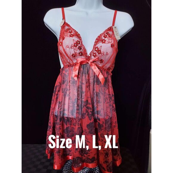NWT Spree Whimsygoth Red & Black Rose Sequin Embroidered Babydoll, Size M - Picture 1 of 7